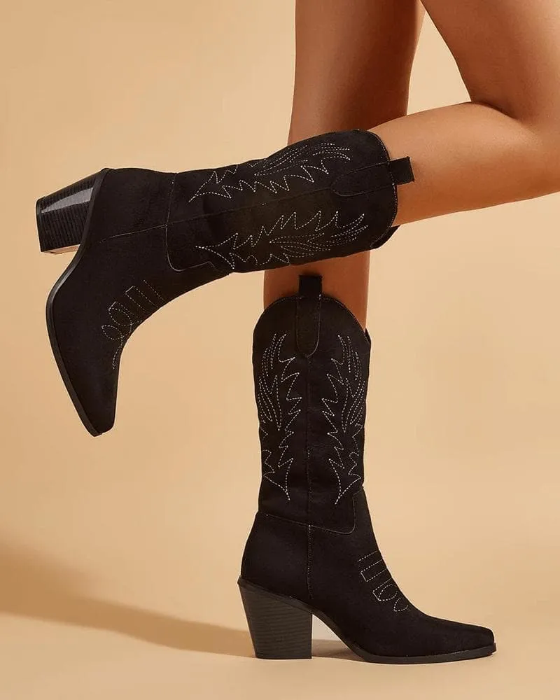 Women's Elegant Embroidery Chunky Heel Boots