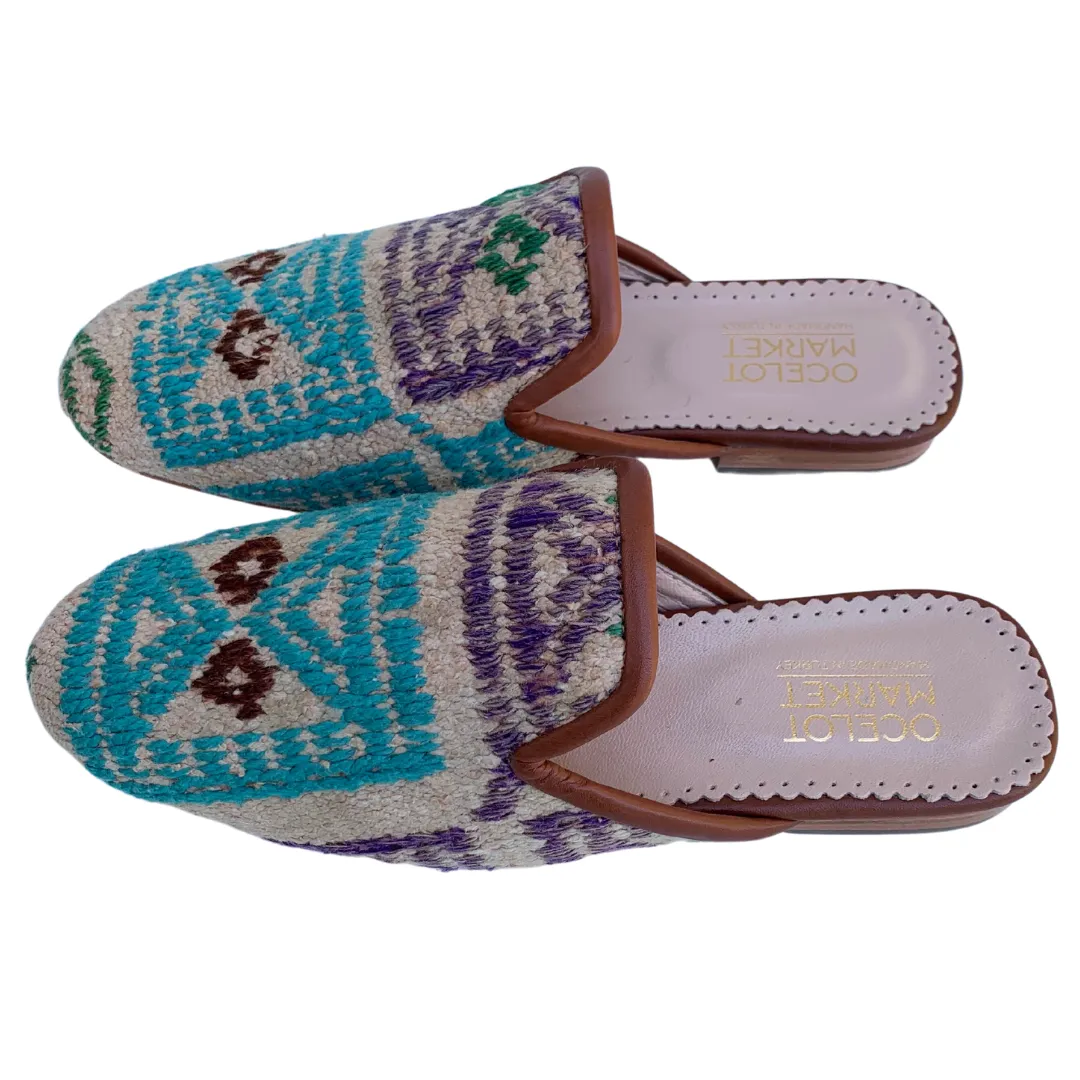 Women's Turkish Kilim Mules | Tan with Light Blue